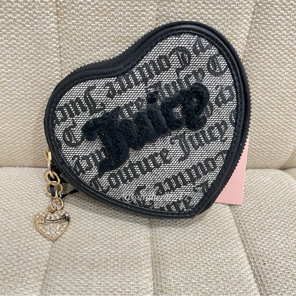 NEW Juicy Couture Heart Coin Purse Black Monogram Chenille Rhinestone Charm